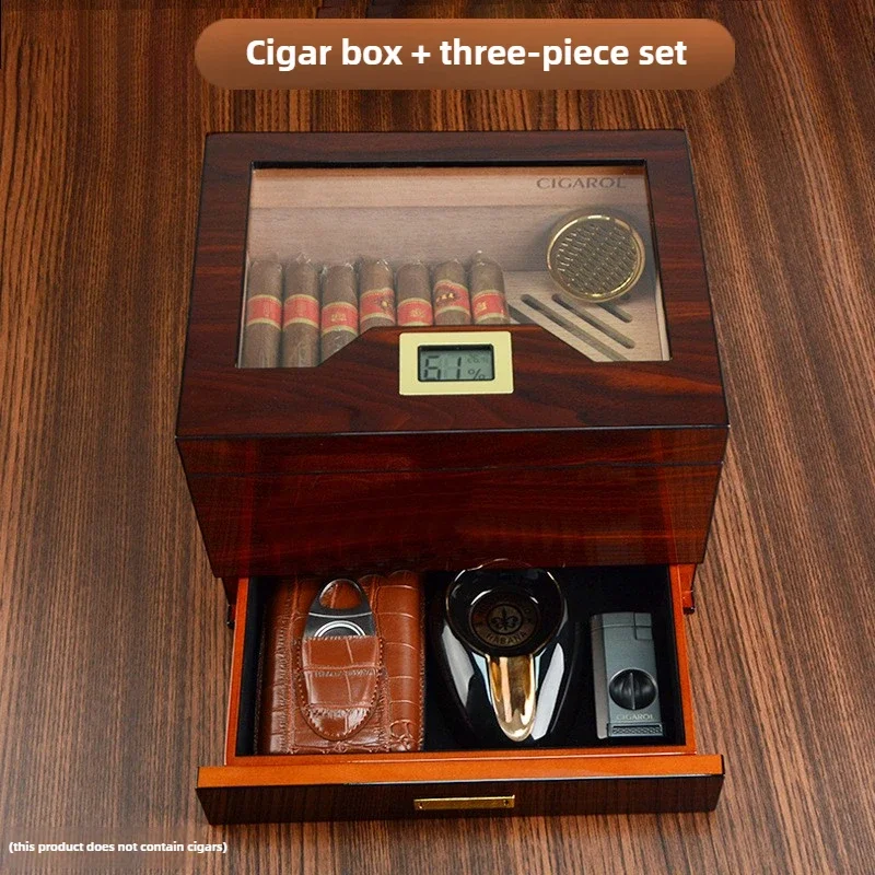 

Household banquet cigar box wooden flip transparent North American cedar box cigar leather case scissors cigar set