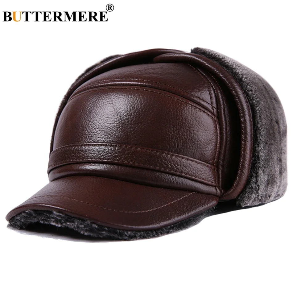 

BUTTERMERE Winter Baseball Caps For Men Brown Warm Bomber Hat With Earflaps Fur Genuine Cow Leather Luxury Brand Snapback Caps