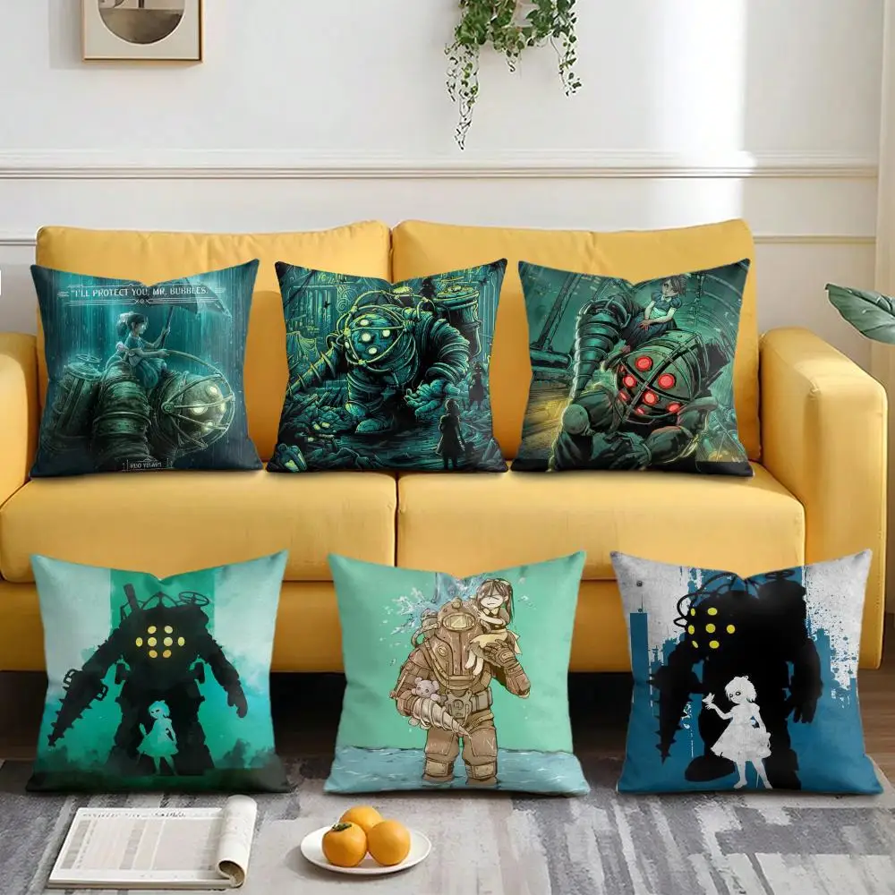 Housse de coussin Fanart B-Bioshock R-Rapture, en peluche courte et douce, impression double face, décoration de la maison, taie d'oreiller lavable en machine, cadeau