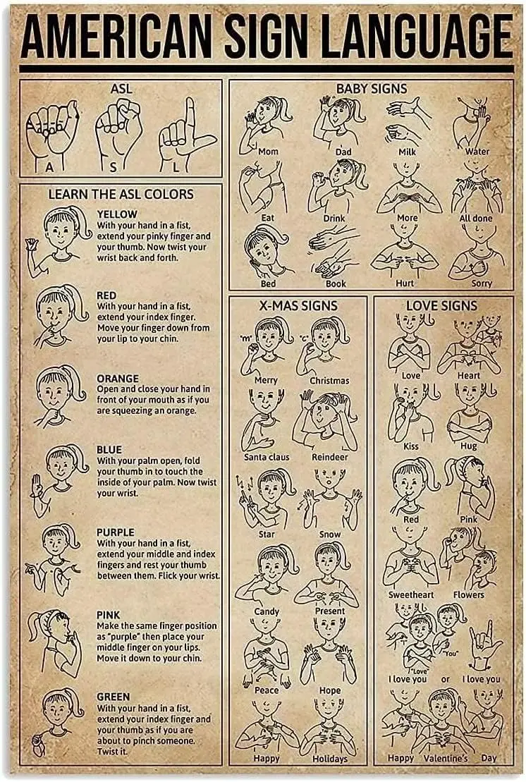 Panneau métallique en langue des signes américaine, décoration vintage pour la maison, affiche en étain pour la connaissance de la langue des signes, pour les malentendants et muets, pour les salles de club et les lieux publics, panneau mural