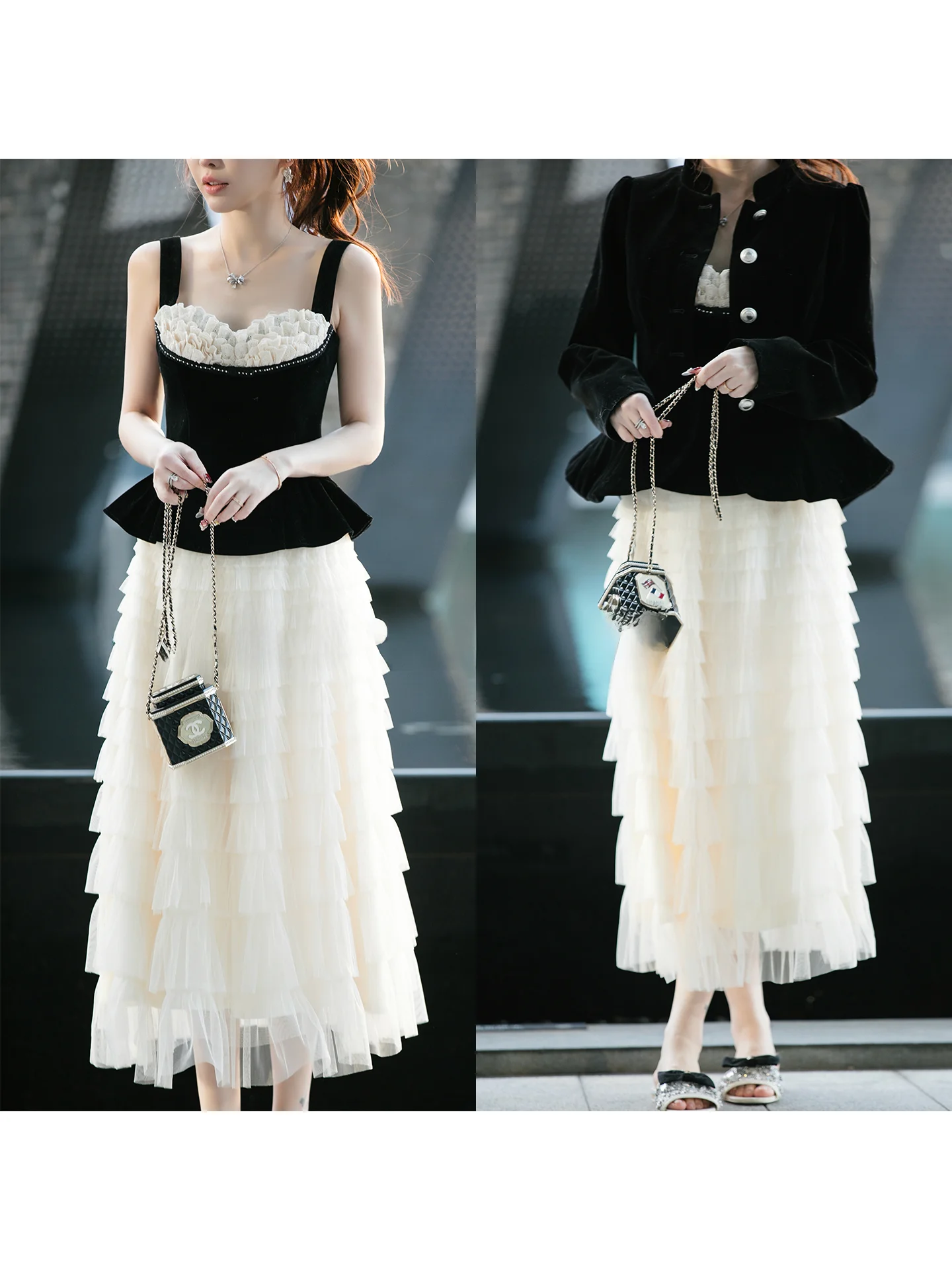 

Ultra-Faionable Mimius Lace Patchwork Belted Jaet Skirt Set Women's Slim Fit Tee-Piece Suit Polyester Cotton Blend