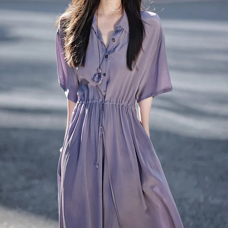 Seidenhemdkleid Hochwertiger kurzärmliger langer Rock Hangzhou Damen Sommer