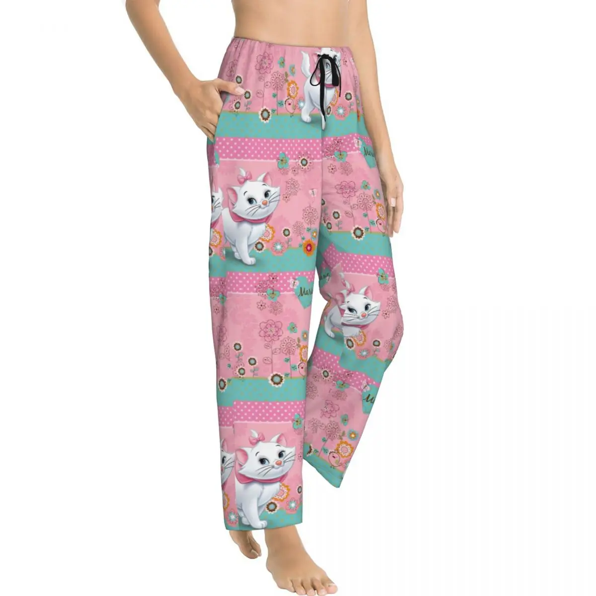 Custom Aristocats Cartoon Marie Cat Pajama Pants Womens Lounge Sleep Stretch Sleepwear Bottoms with Pockets