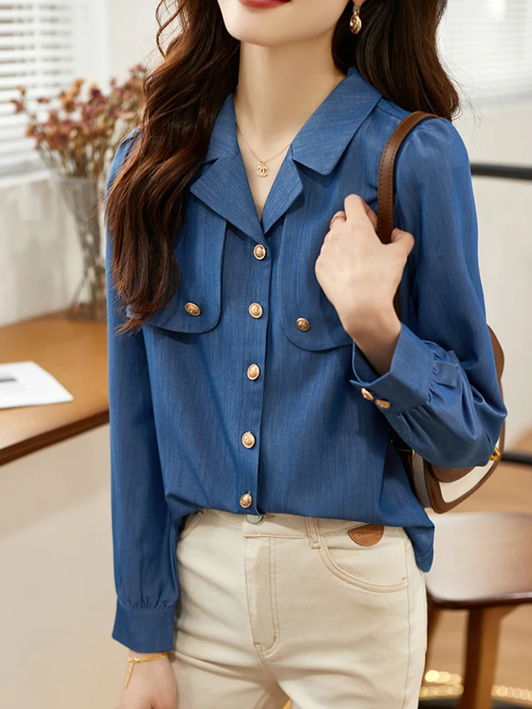 

Blue Denim irt Women's Spring Faion Retro Hong Kong Sle High End Top Quali Collar Long Sve Loose Fit Blouse