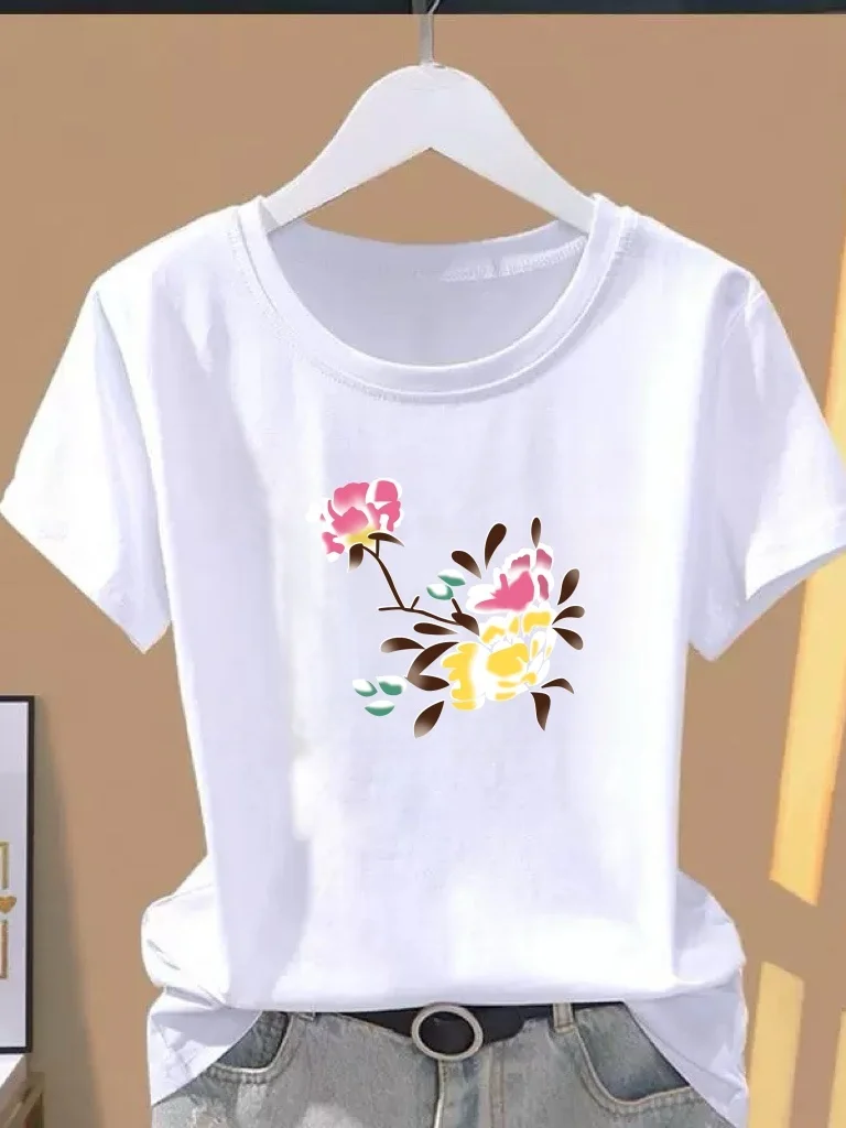 

Fashionable Floral Print Short Sleeve T-Shirt Women's Summer round Neck Thin Casual Top Elegant Loose Fit Polyester Fiber