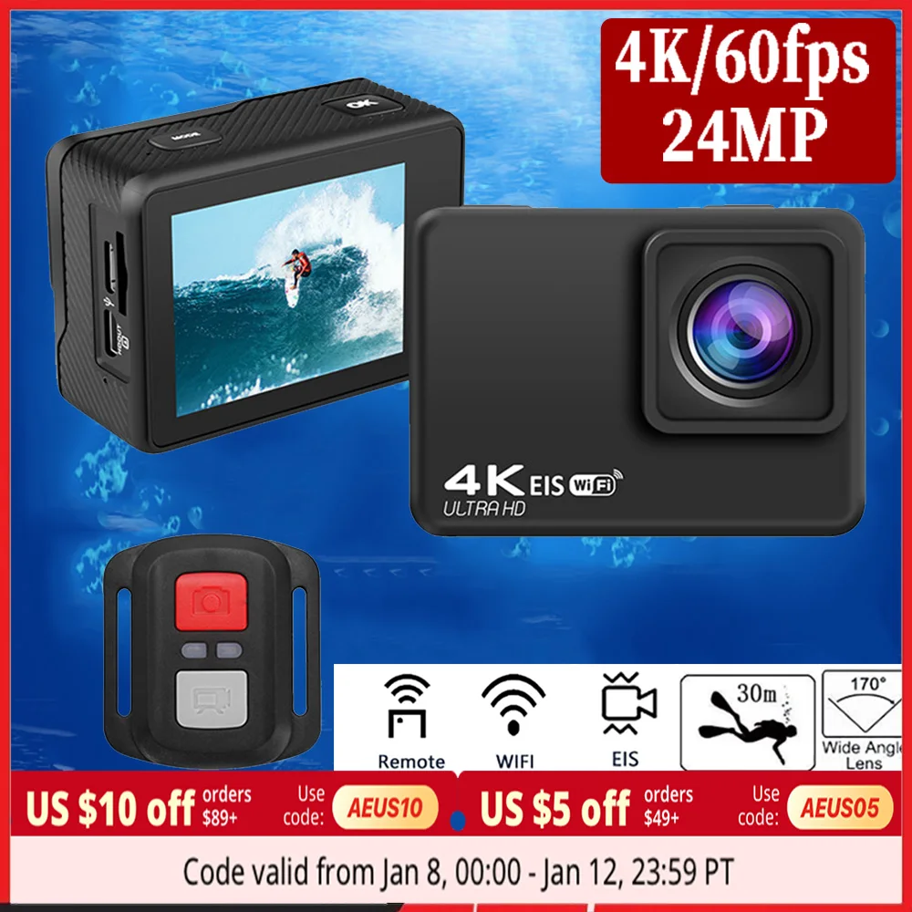 

2024 Ultra HD 4K 60fps 24MP WiFi IPS 170D 30M Helmet Vedio Go Sport Pro Anti Shake Action Camera For Sony 386 Lens