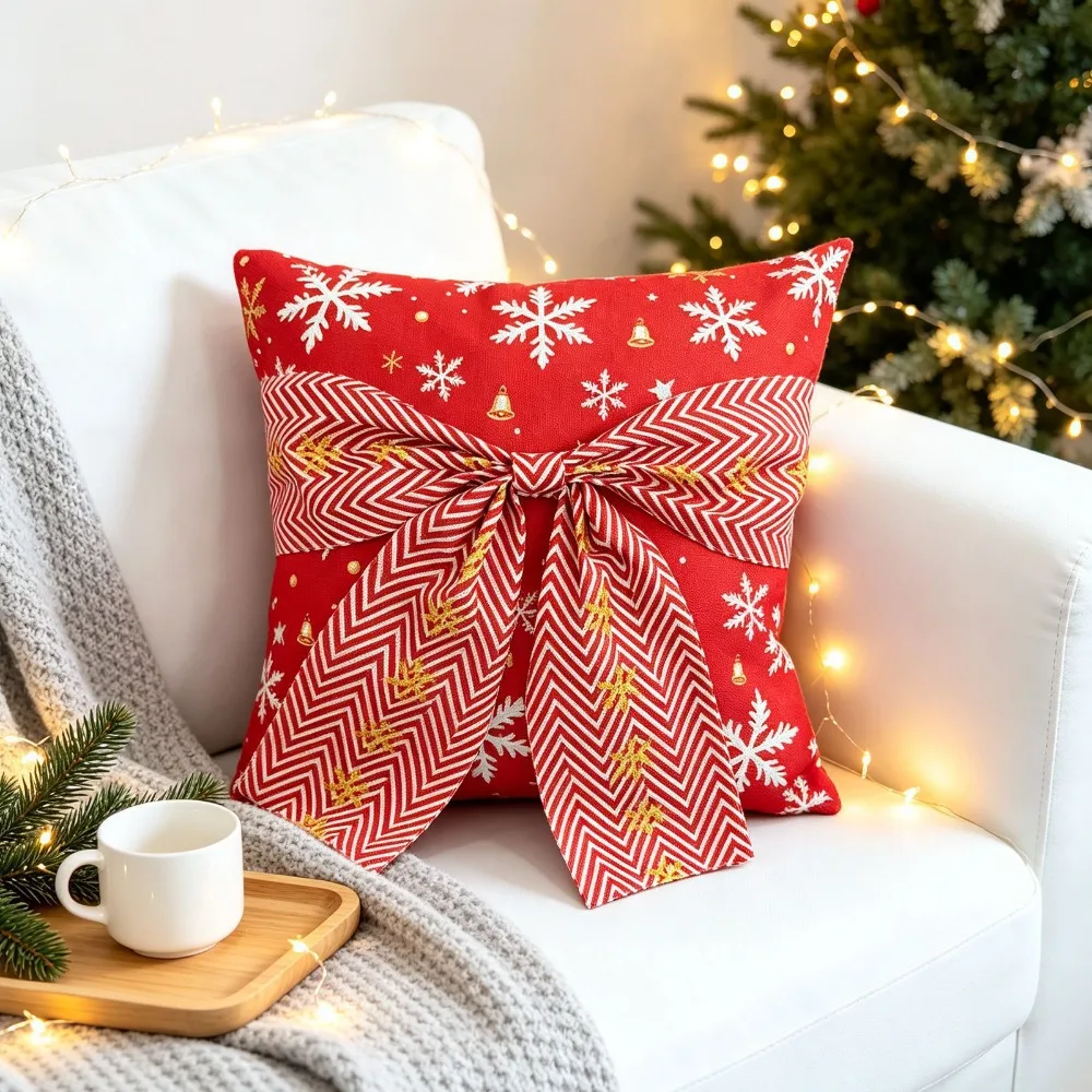 Home Decor Bow Design Christmas Pillow Cover Snowflake Square Throw Cushion Case Exquisite Soft Sofa Pillow Cover Bedroom