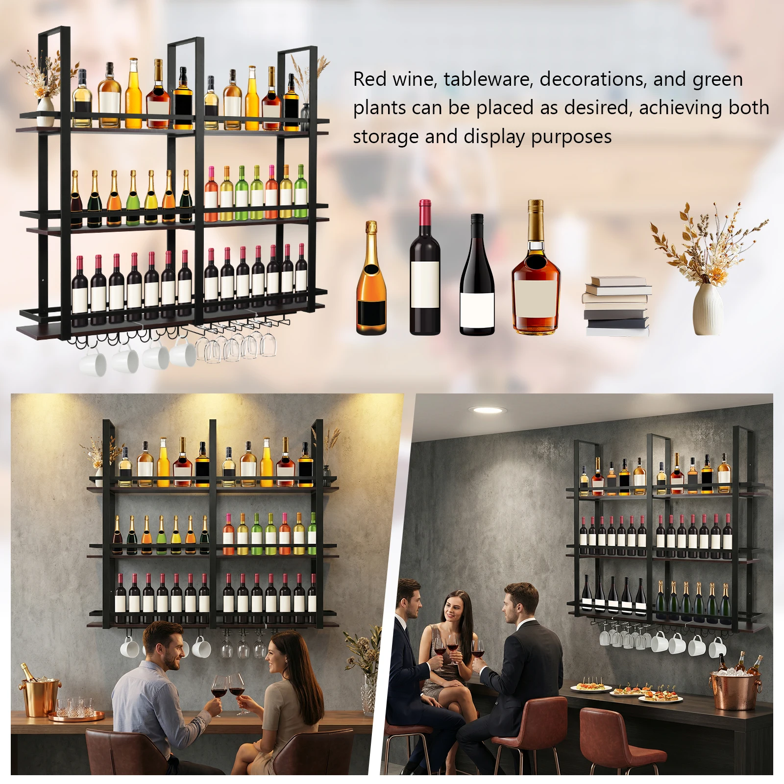 

Трехуровневая настенная металлическая подставка для вина с держателями для бутылок и стаканов, плавающие полки для кухни, столовой, дома