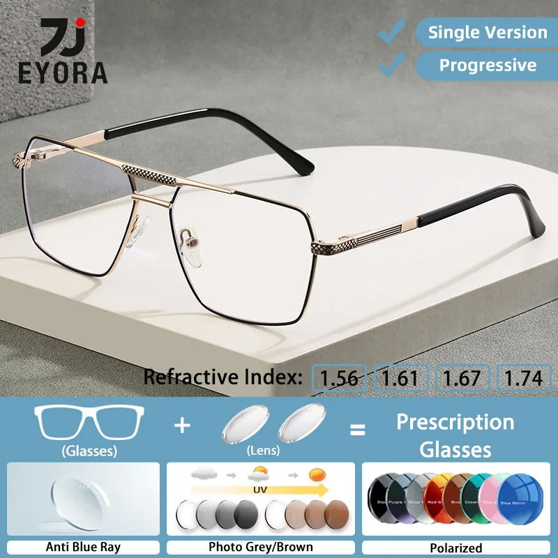 

EYORA Metal Men Double-bar Business Reading Glasses Myopia Eyewear Hyperopia Anti Blue Ray Progressive Photochromic Eyewear Lens