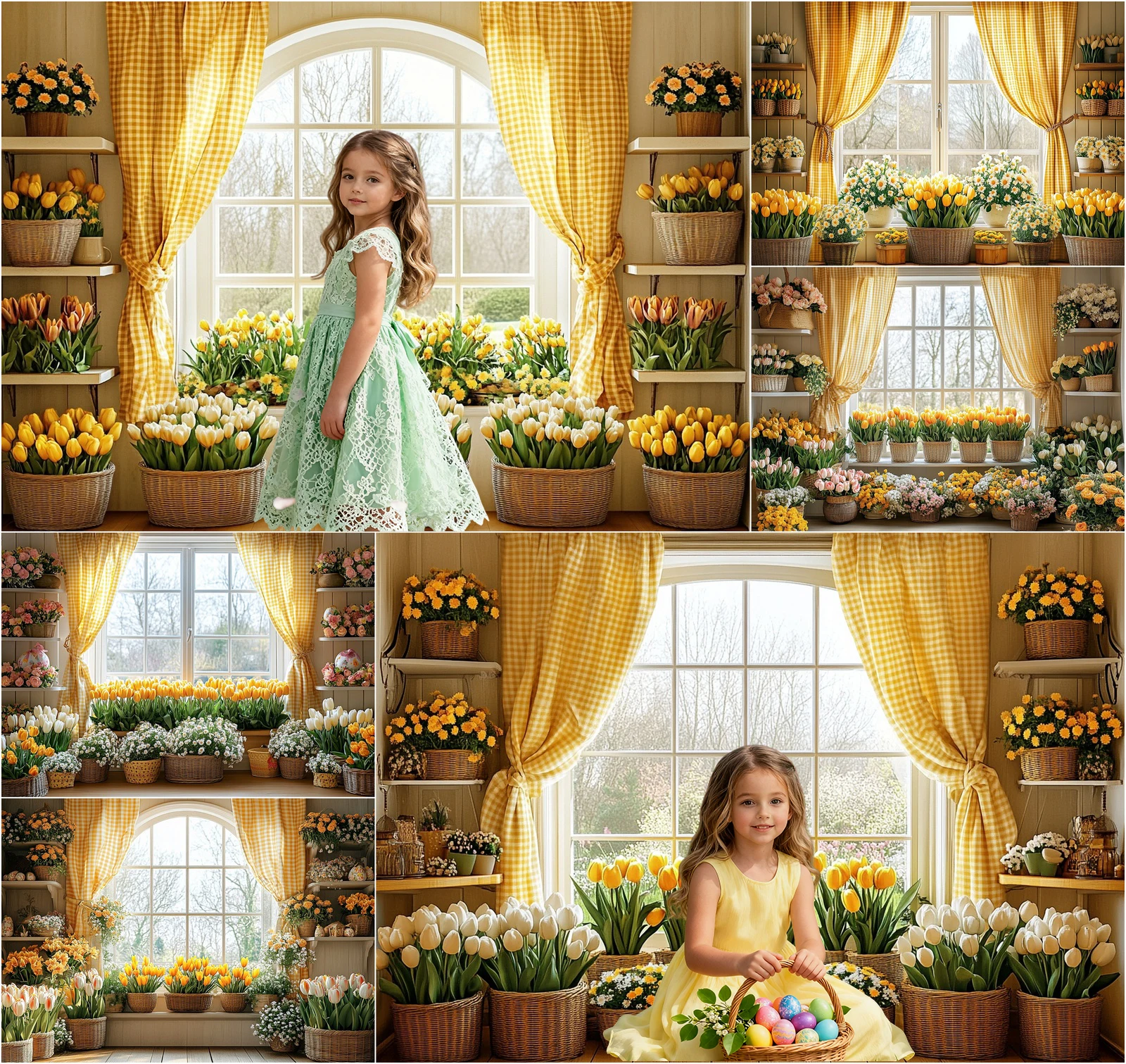 Mehofond Spring Photography Backdrop Window Yellow Curtain Tulip Floral Greenery Children Birthday Party Baby Shower Background