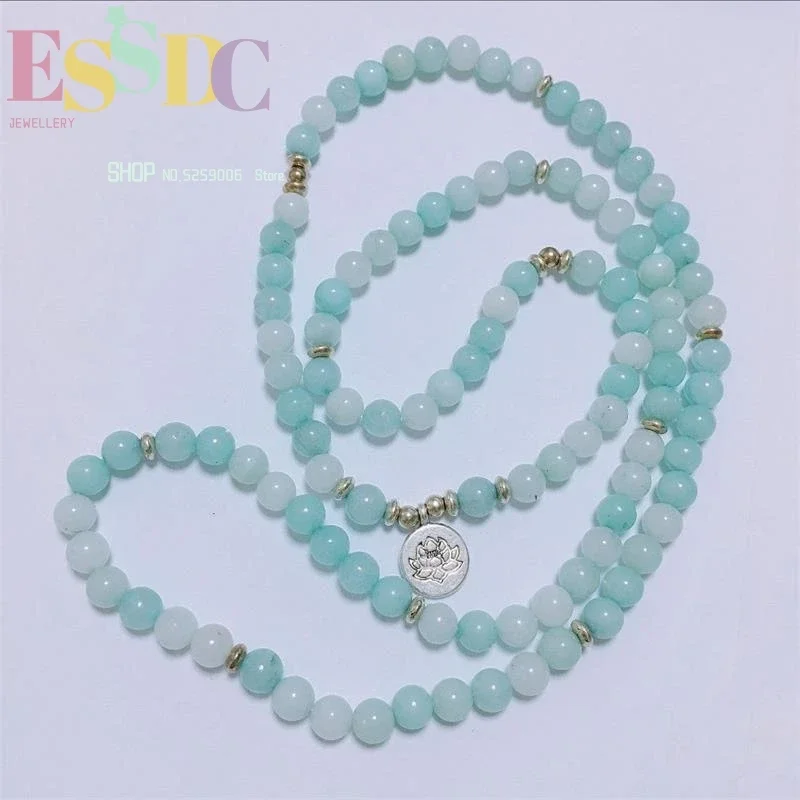 

ESSDCW оптовая продажа, модный женский браслет из натуральных амазонитовых бусин 8 мм, 108 длинное лечебное ожерелье для йоги с подвеской в виде лотоса