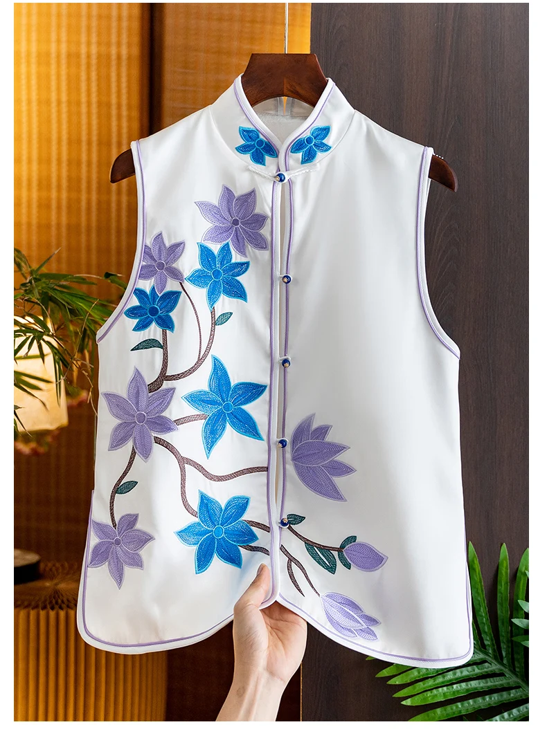 High Quality Standing Collar Single Breasted Vest Women's Spring 2024 New Chinese Style Floral Embroidery Sleeveless Top  S-XXL