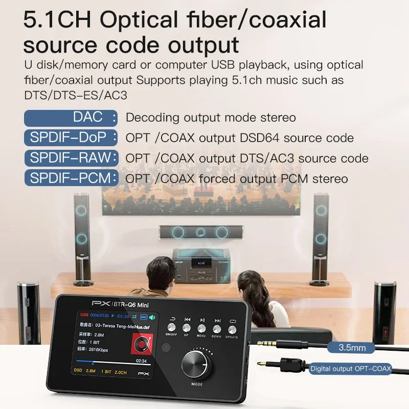 PX BTR-Q6MINI DSD 무손실 디지털 턴테이블 미니 디코딩 플레이어, 3.2 인치 대형 스크린 U 디스크, TF 카드 무손실 숫자