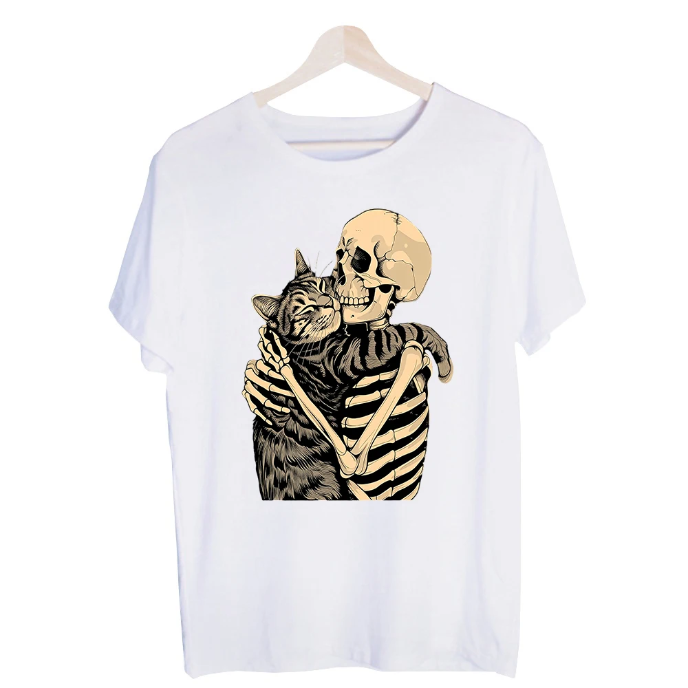 Men's Skeleton and Cat Graphic Tee, Short Sleeve Crew Neck T-Shirt for Casual Streetwear and Daily Outfits