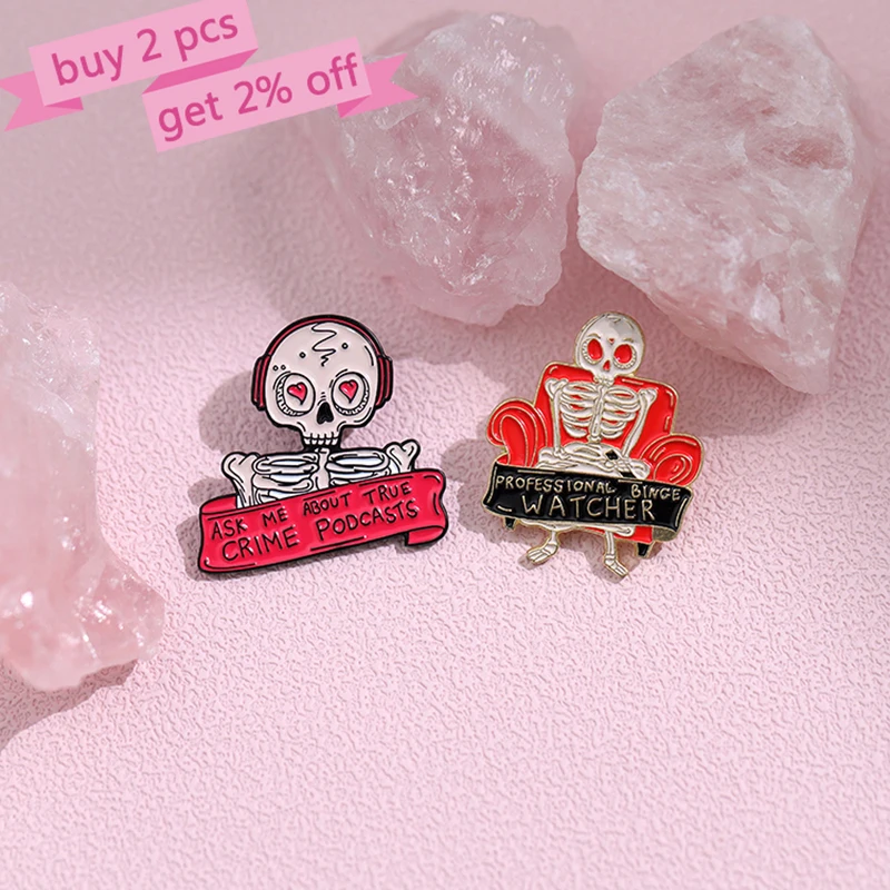 Red Punk Skeleton Enamel Pins Custom ASK ME ABOUT TRUE CRIME PODCASTS Brooches Lapel Badges Punk Gothic Jewelry Gift for Friends