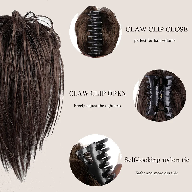 Pieza de pelo de moño desordenado, Clip de garra en bollos, pieza de cabello para mujer, extensión de cola de caballo corta recta, cabello falso