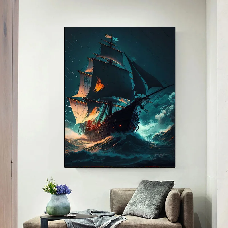 Pirate Boat Driving At Sea Posters and Prints Modern Abstraction Art Canvas Painting Wall Art Picture Home Decoration