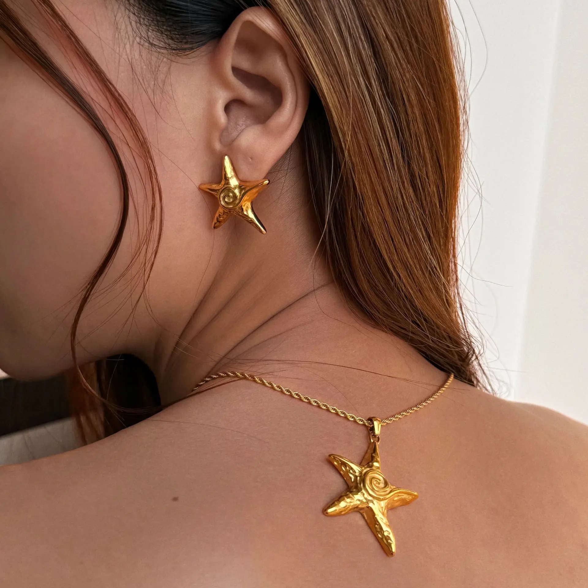 New 316L Stainless Steel Starfish Earrings Necklace Open Ring Adjustable 18K Gold PVD Plated Metal Summer Jewelry for Holiday