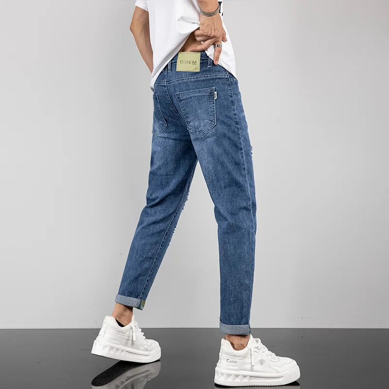 Calça de vaqueiro masculina rasgada, calça jeans cônico, moda coreana, bainha, tendência primavera-verão, 2022