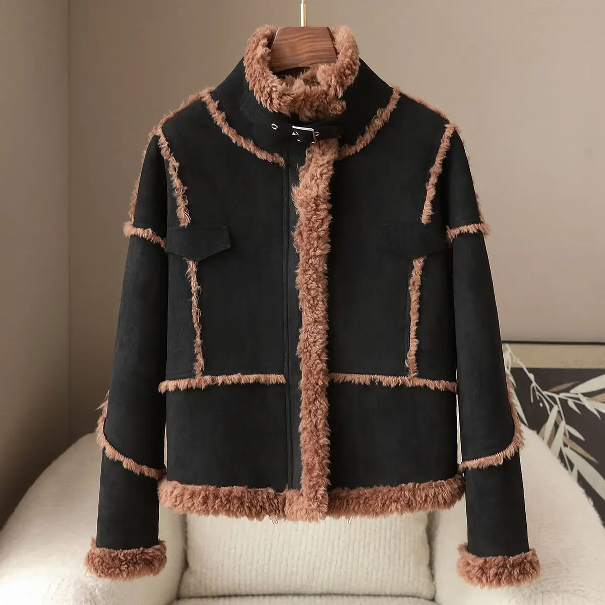 

2025 Autumn/winter New High Quality Fur Coat Women's 100% Wool Granular Stand Up Collar Look Slimming Top