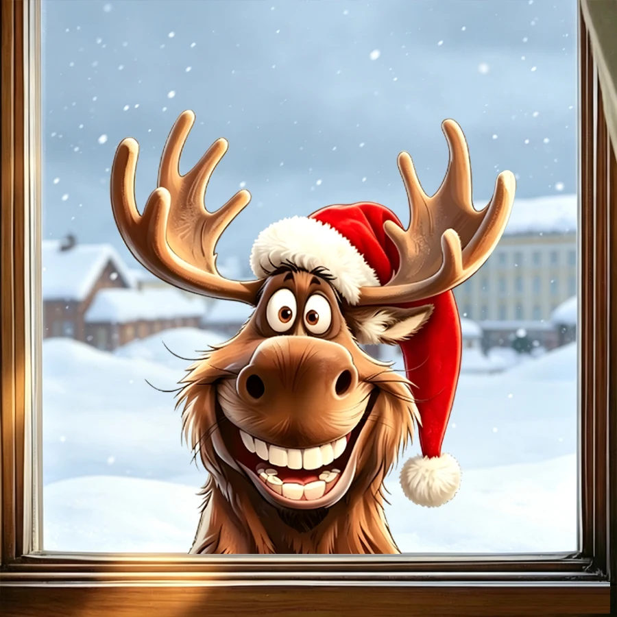 Christmas Funny Moose Static Clings Window Sticker, Double-Sided Visible, No Glue No Residue, Xmas Animal Window Decorations