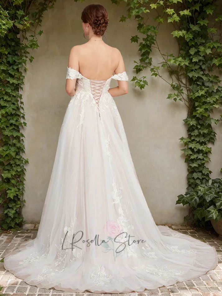 LRosella 2025 Lace Applique Sweetheart Short Sleeves Bridal Gown Sweep Train Customized A-line Summer Wedding Dresses