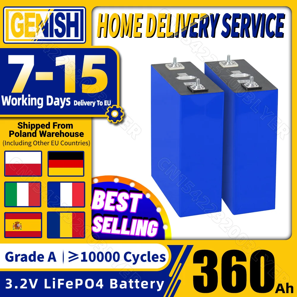 Clase A 360Ah lifepo4 batería 10000 ciclos 3.2v batería recargable de fosfato de hierro de litio DIY 12v 24v 48v adecuada para la batería solar del carrito de golf del camión rv, inventario de la UE