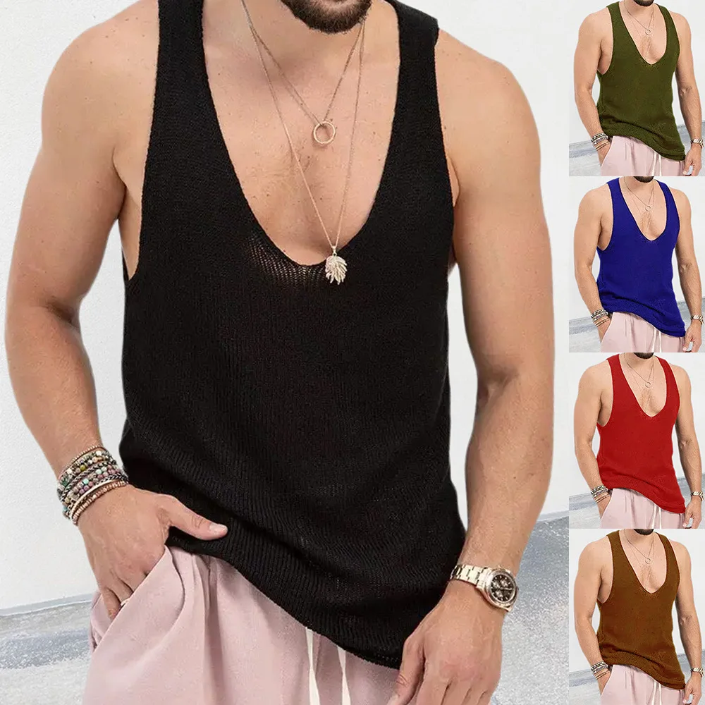 Luxury fashion muscle men's sweater vest summer new loose V-neck knitted vest men's pullover thin breathable top