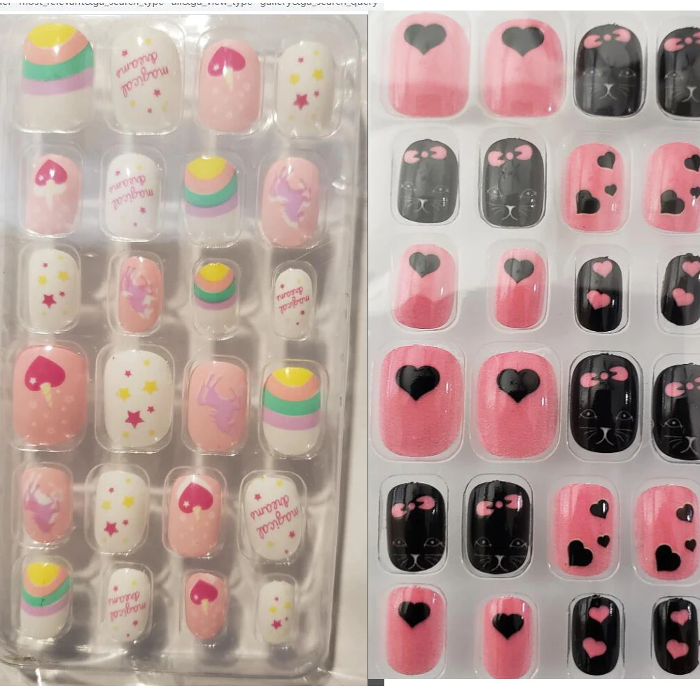 24 pz/scatola Candy False Nail Tips bambini Cartoon Full Cover Kid Glue Self Fake Tip Press on Nails unghie finte unghie artificiali