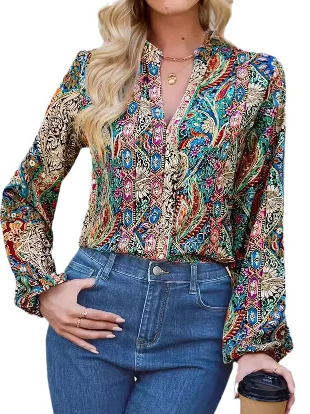 Damen Long Sve Bedruckt irt Casual Loose Fit Polyester Frühling Sommer Faionable Top Kragen Normale Länge