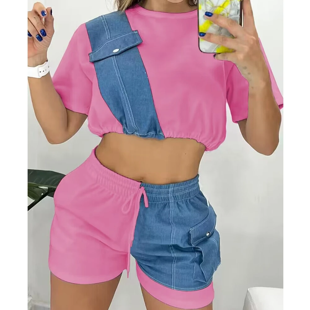 Short Sleeve Top & Drawstring Shorts Set Summer Tshirts Women Faux Denim Stitching Short Denim Patch Casual Shorts Sets