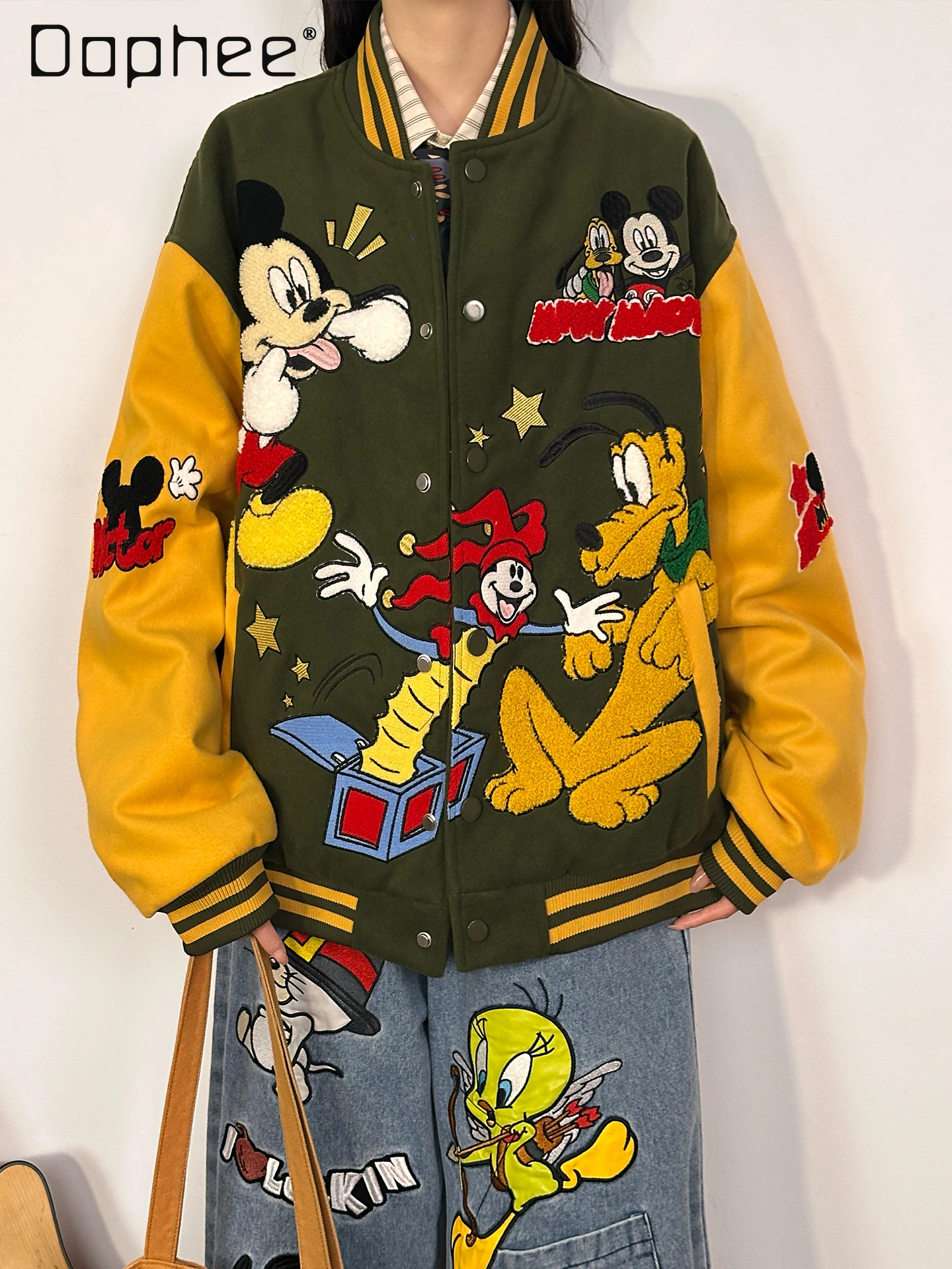 

American Retro Cartoon Embroidery Thickened Cotton Baseball Jacket for Women Loose Cotton Coat for Autumn and Winter 2025 New