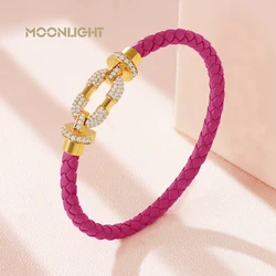 MOONLIGHT Women's Trendy Round Metal Brand Genuine Braided Leather Bracelet Cubic Zirconia Bracelet Female Jewelry Accessories