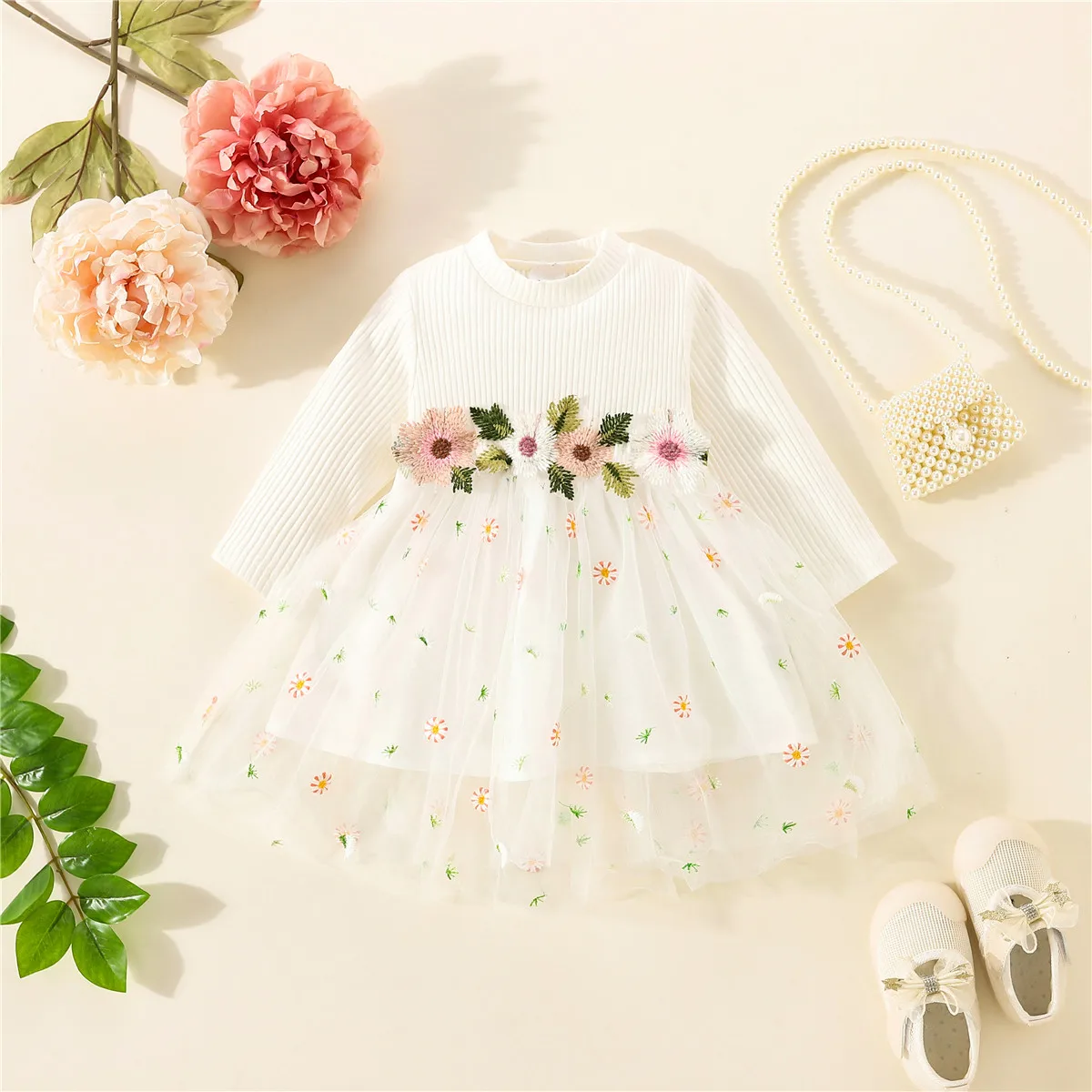 2023 Spring New Baby Dress Little Daisy Long Sleeve Girl Princess Dress Birthday Party Dress Flower Embroidery Dress