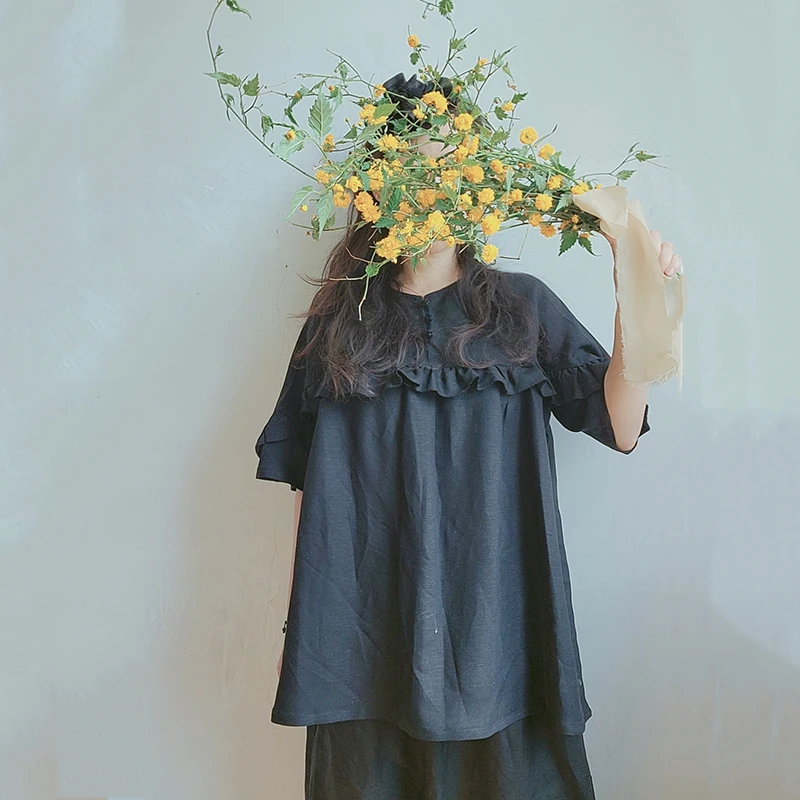 

Summer Women's Bla Slimming Linen Loose Top Original Artistic round Ne Lace Trim Overhead irt Commute Sle ort Sve