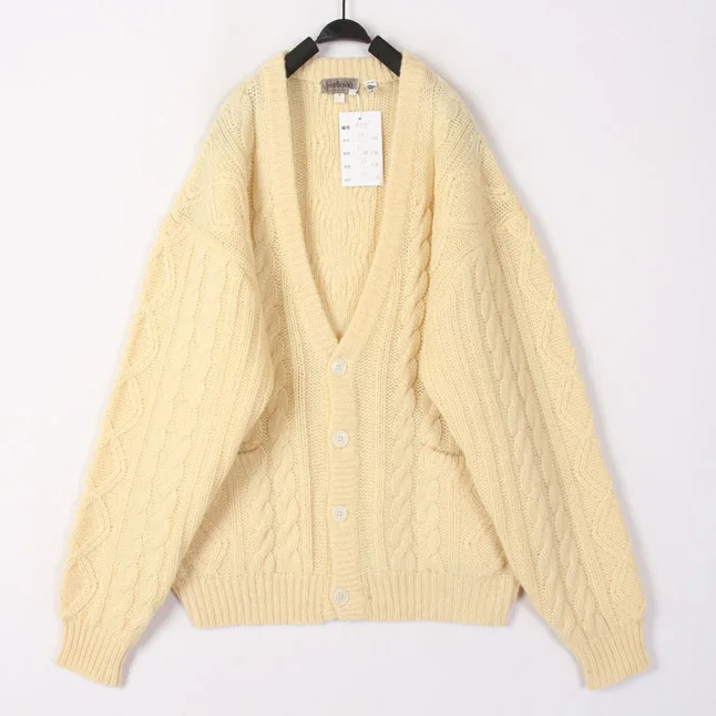 

Vintage Autumn Winter White Knitted Wool Sweater Cardigan Bean Shape 3D Hook Flower Loose Fit Long Sleeve V Neck Thermal