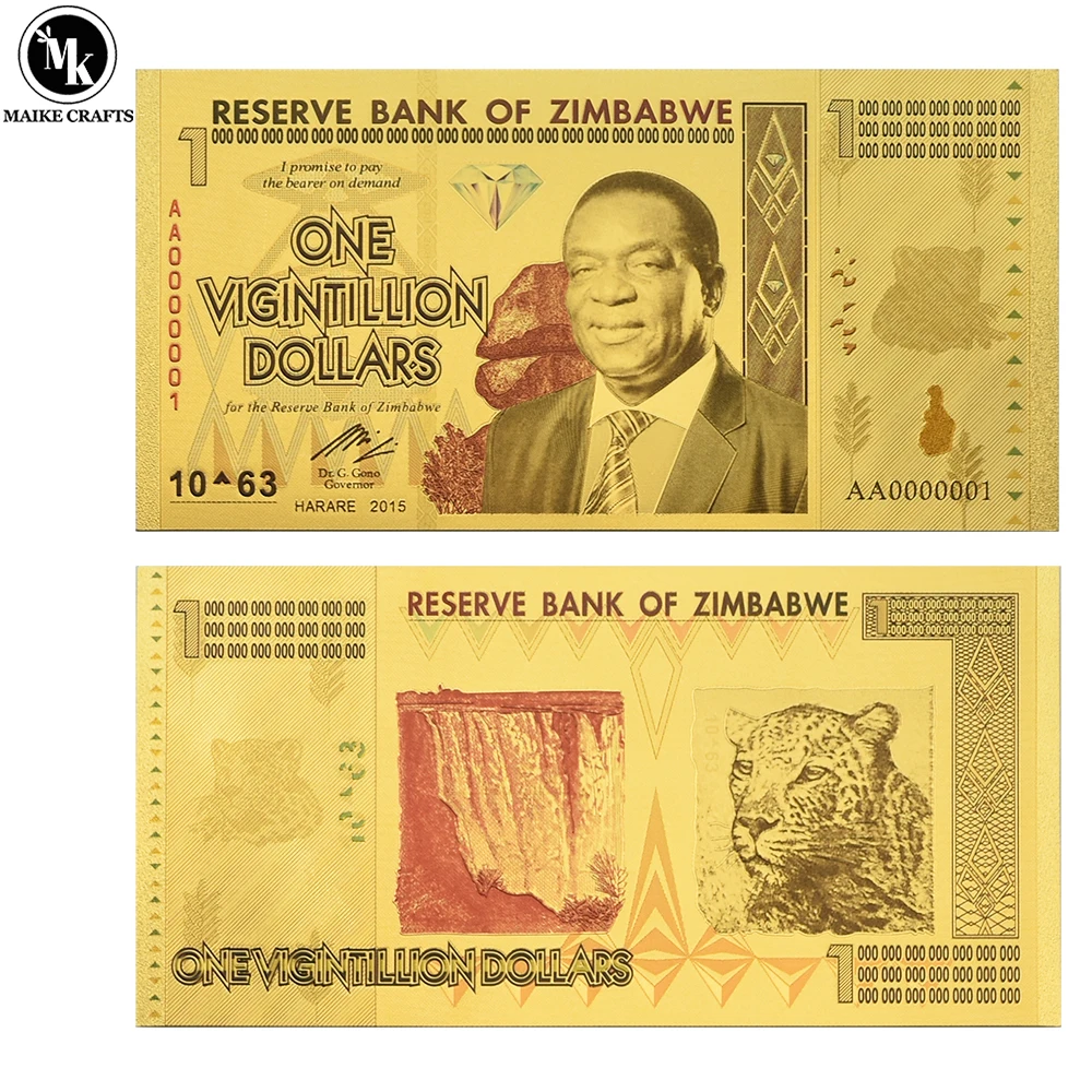 

Zimbabwe One Vigintillion Dollars Gold Foil Banknote with UV 10 ^ 63 Money Collection Holiday Gift