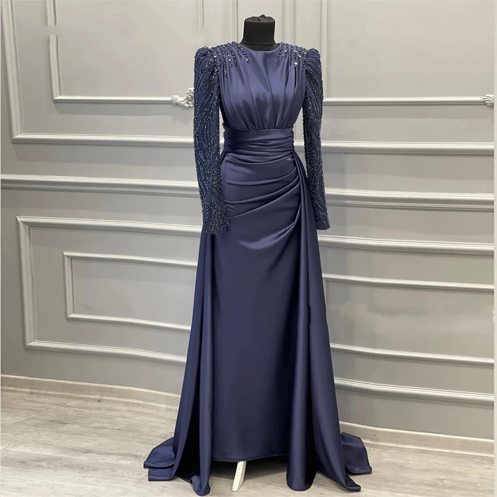 Beaded Long Sleeve O Neck Muslim Evening Dresses For Party And Wedding Satin Mermaid Formal Dress With Train Robe De Mariée плат