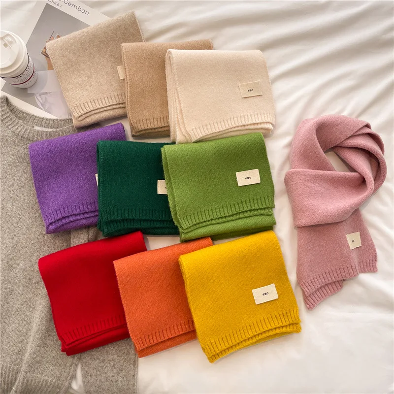 Pure Color Knitting Scarf With Autumn and Winter Warm Scarf Long-Term Student Scarf Candy Color Bright Foundation Korean Version