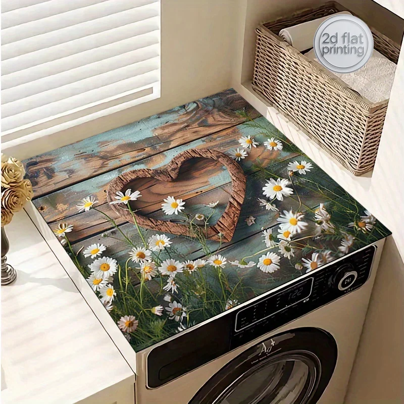 Daisy & Heart Pattern Non-Slip Washer/Dryer Mat - 20x24in, Protective Dust Cover for Laundry Appliances, Polyester, Ideal for Ho