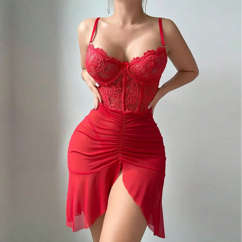 

Sexy Pajamas for Women Bodycon Gauze Pajamas Dress V-Neck Ruffles Sexy Nightgown Romantic Floral Embroidery Short Night Dress