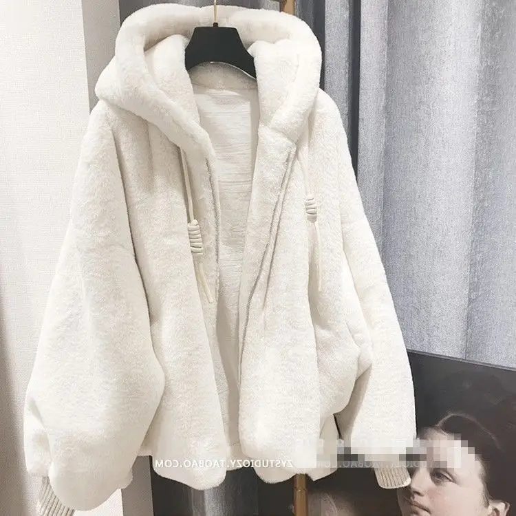 2023 Autumn/Winter Lamb Fur Grass Plush Coat Women\'s Young Mid Length Hooded Loose Coat  Winter White Coat