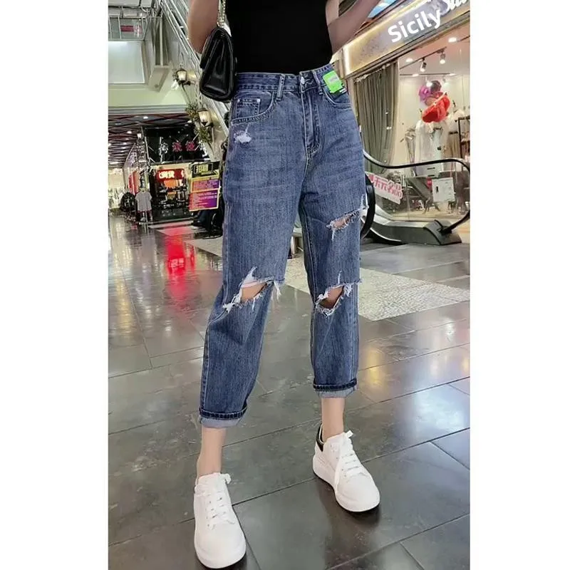 

Trendy Dad Jeans High Waist Harlan Pants Nine Points Loose Fit Denim Women's Faion Hole Letter Logo Summer Autumn Hong Kong...