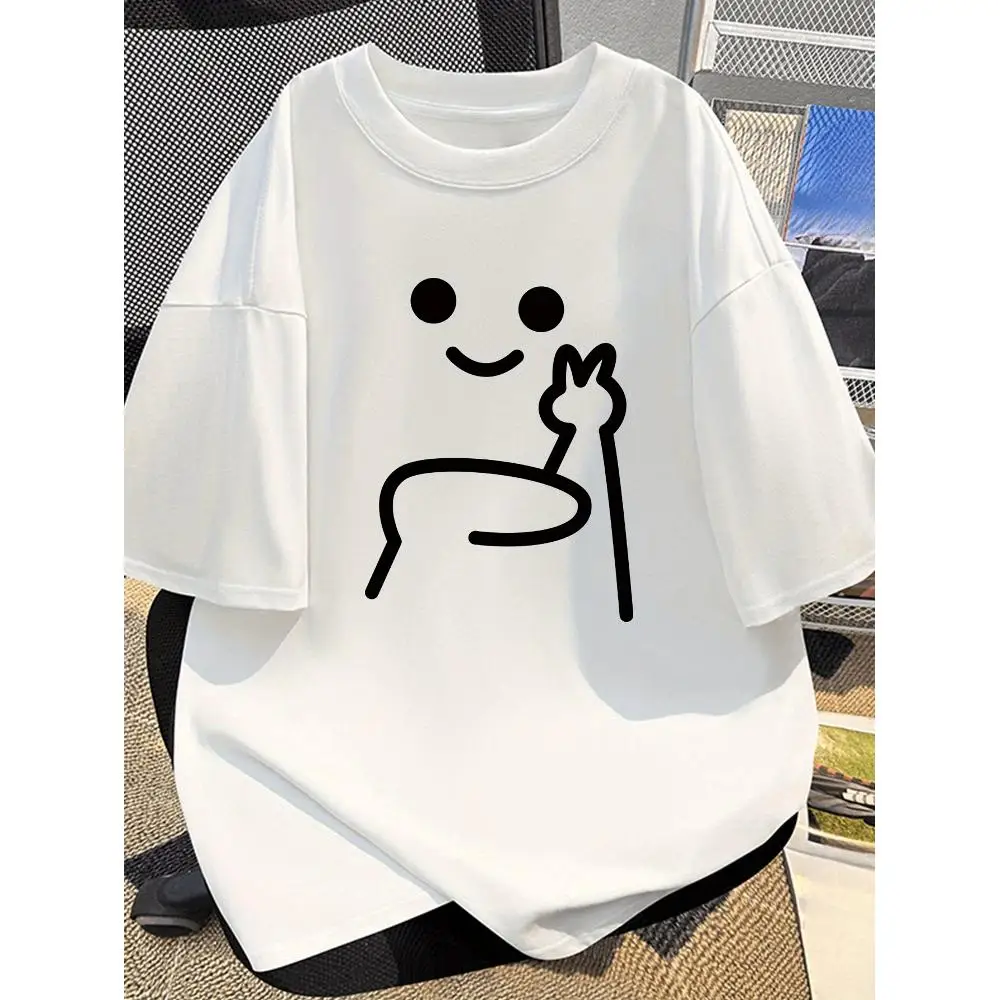 Men Cotton T Shirt Smile Face Peace Mark Print Short Sleeve Round Neck Summer Casual Black White Daily Wear Fashion Comfortable