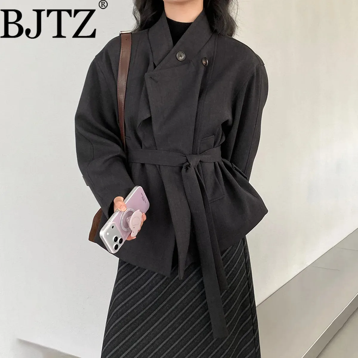 

BJTZ короткий плащ с воротником-стойкой для женщин, весна-осень 202, новое модное модное офисное женское пальто на шнуровке с завязками на талии