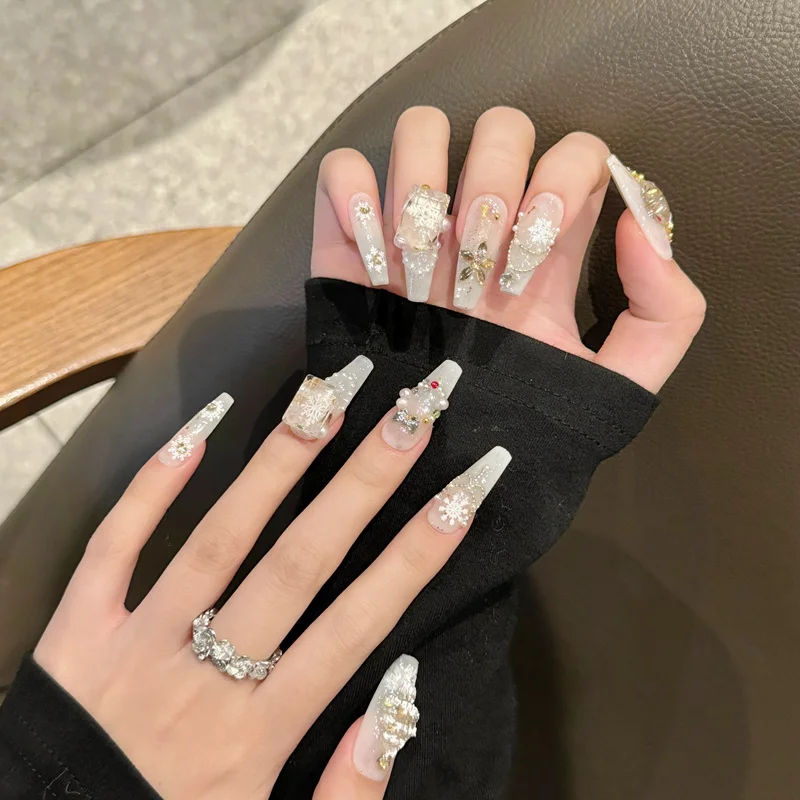 White Christmas | Shining Long Coffin Press On Nails Snow Trees Stars Decorated Fake Nails 10pcs Handmade Reusable Nail Art Tips