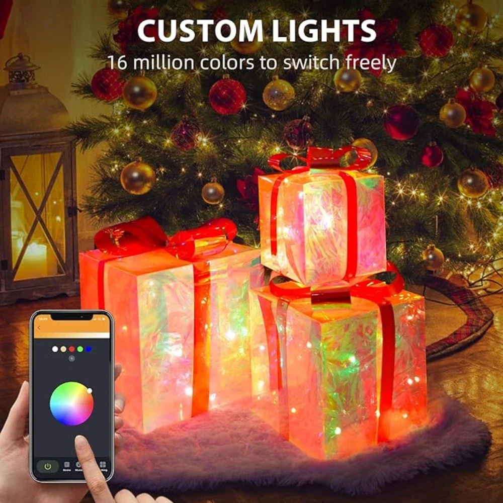 

3Pcs Christmas Glowing Decoration Folding Gift Box With Bow LED New Year Lighting Box Luminous Party Desktop Ornament Navidad