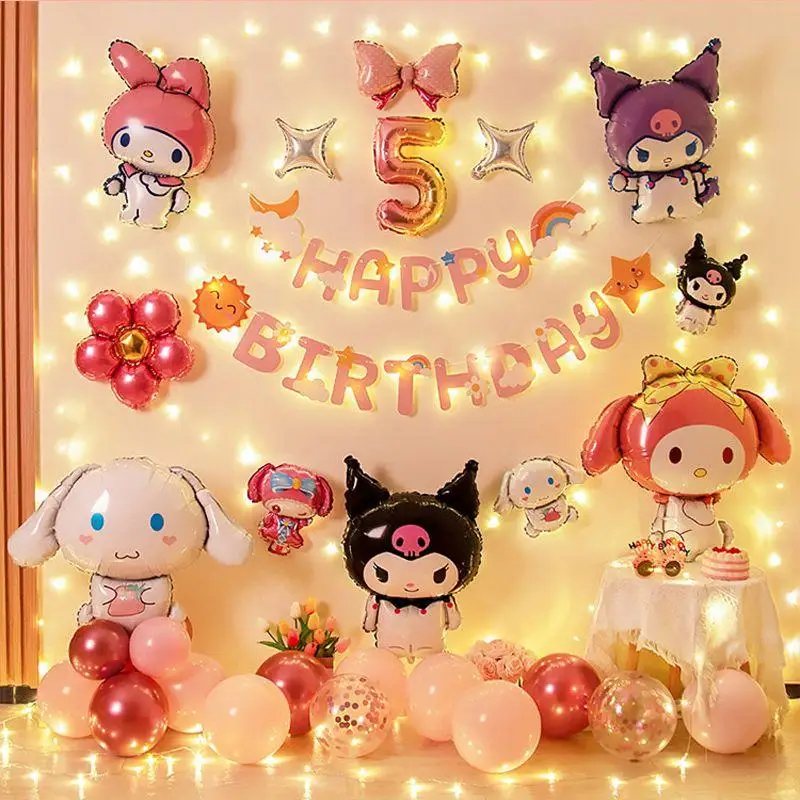 

Sanrios My Melody Kuromi Girl's Birthday Scene Layout Background Wall Children Cute Balloon Decoration Theme Party Supplies Gift