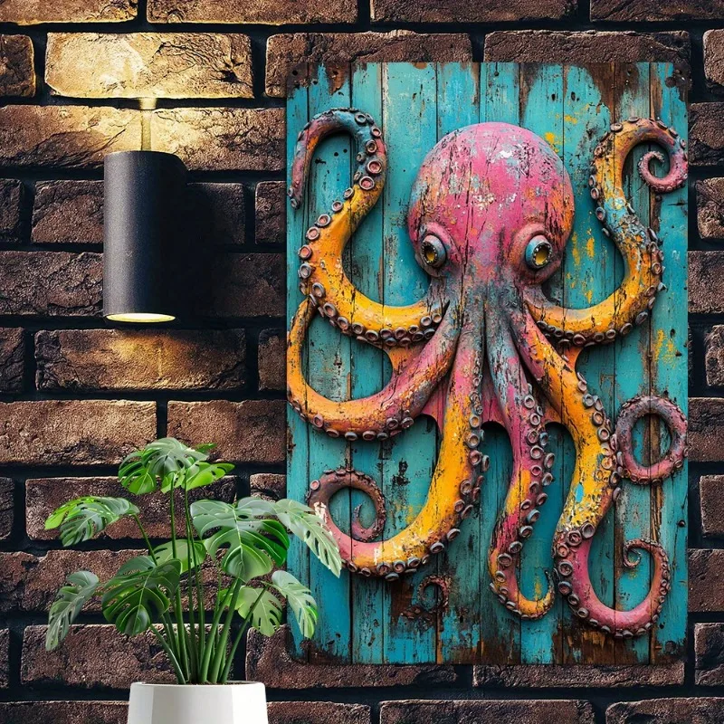 

Aluminum Metal Wall Decor: Quirky Octopus in Retro Colors on Faux Wood Surface, Decorative Wall Plaque, 7.9x11.8" or 11.8x17.7"