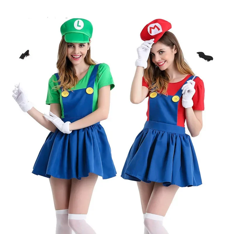 Adults funy Super Luigi Brothers plumber cosplay costume skirt hat caps Halloween women girls fancy dress party